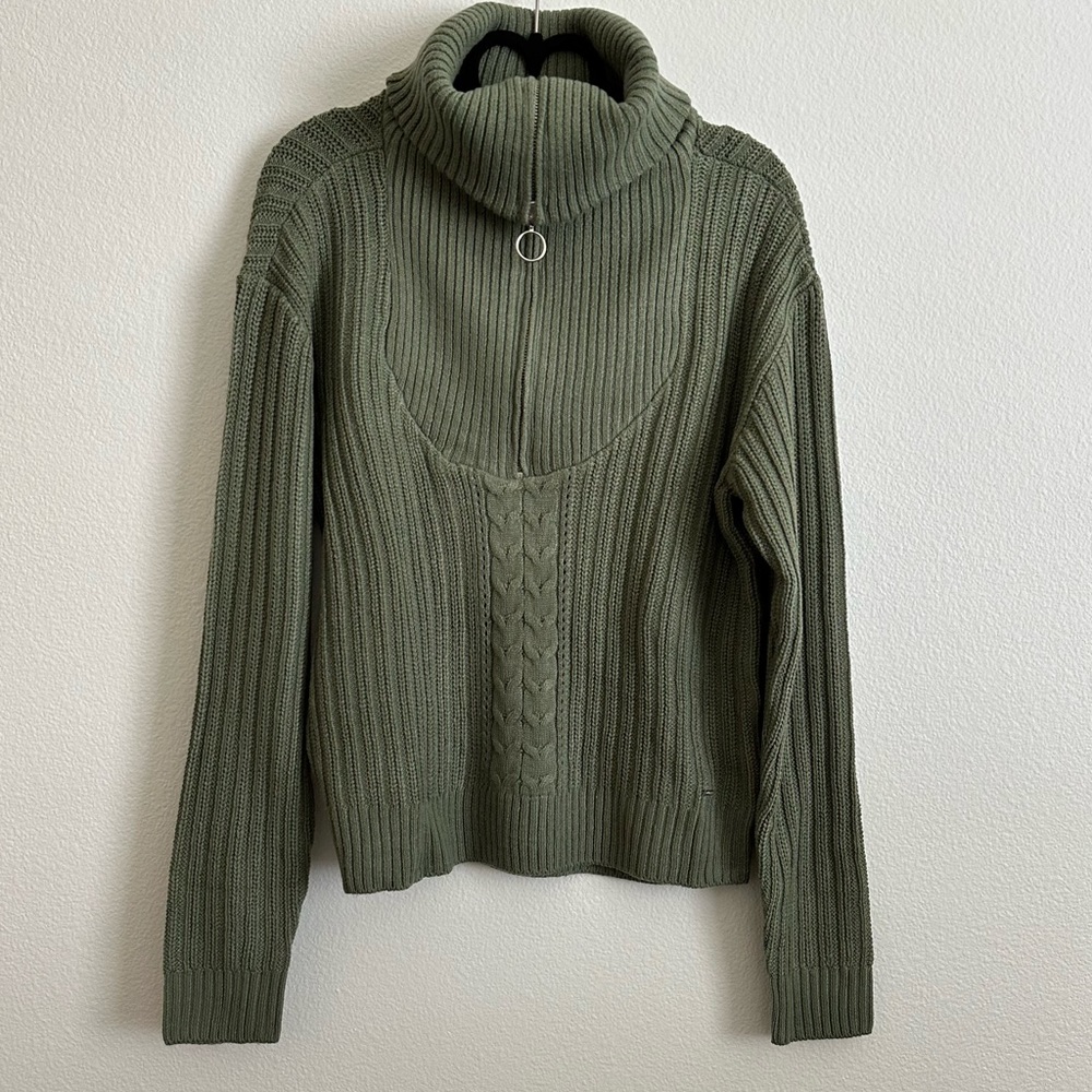 Guess Green Collared Half Zip Rib Knit Sweater Size L